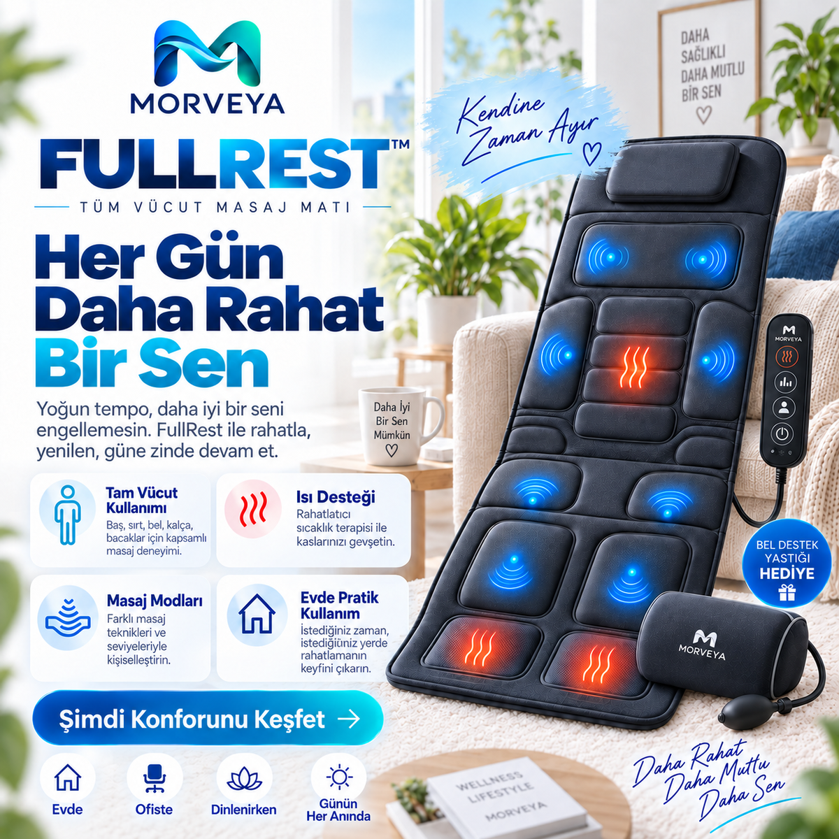 Morveya BodyTherm™ | Isıtmalı Tam Vücut Masaj Minderi