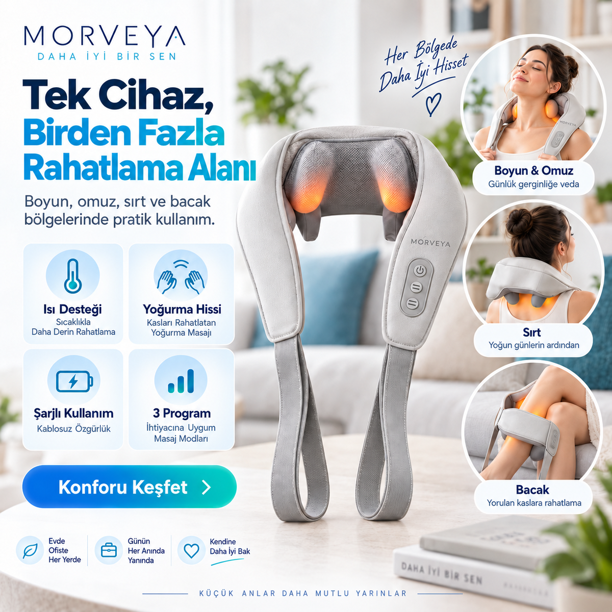 Morveya TouchTherm™ | Şarjlı Isıtmalı Ovmalı Masaj Aleti