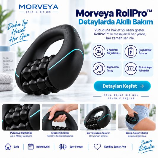Morveya FlexRoll™ | Şarjlı 3 Kademeli Döner Rulo Masaj Aleti