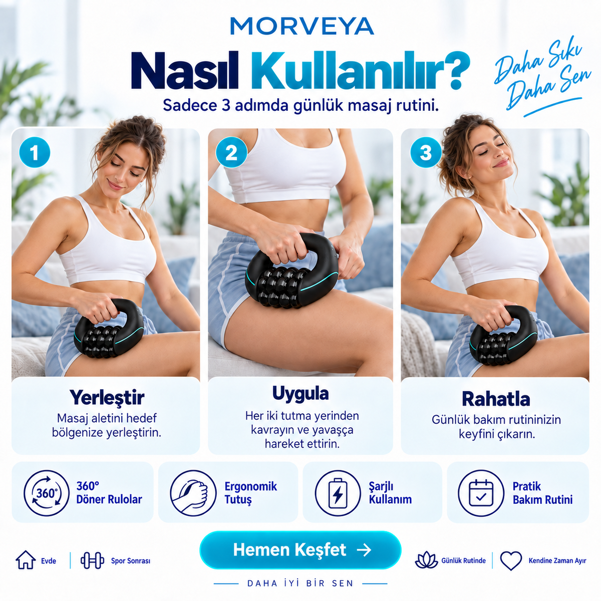 Morveya FlexRoll™ | Şarjlı 3 Kademeli Döner Rulo Masaj Aleti