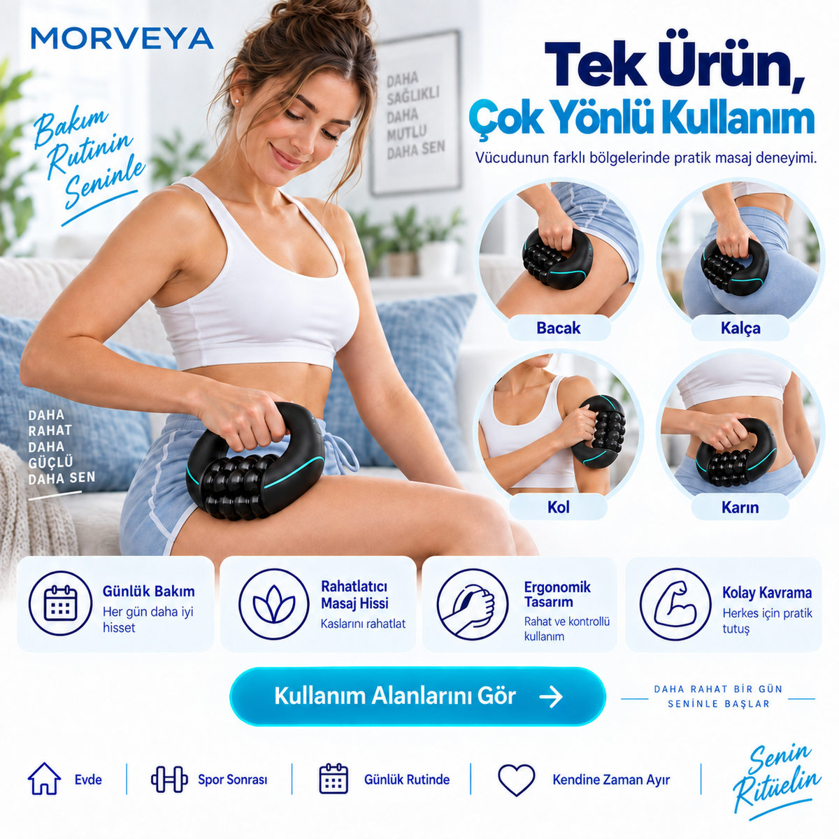 Morveya FlexRoll™ | Şarjlı 3 Kademeli Döner Rulo Masaj Aleti