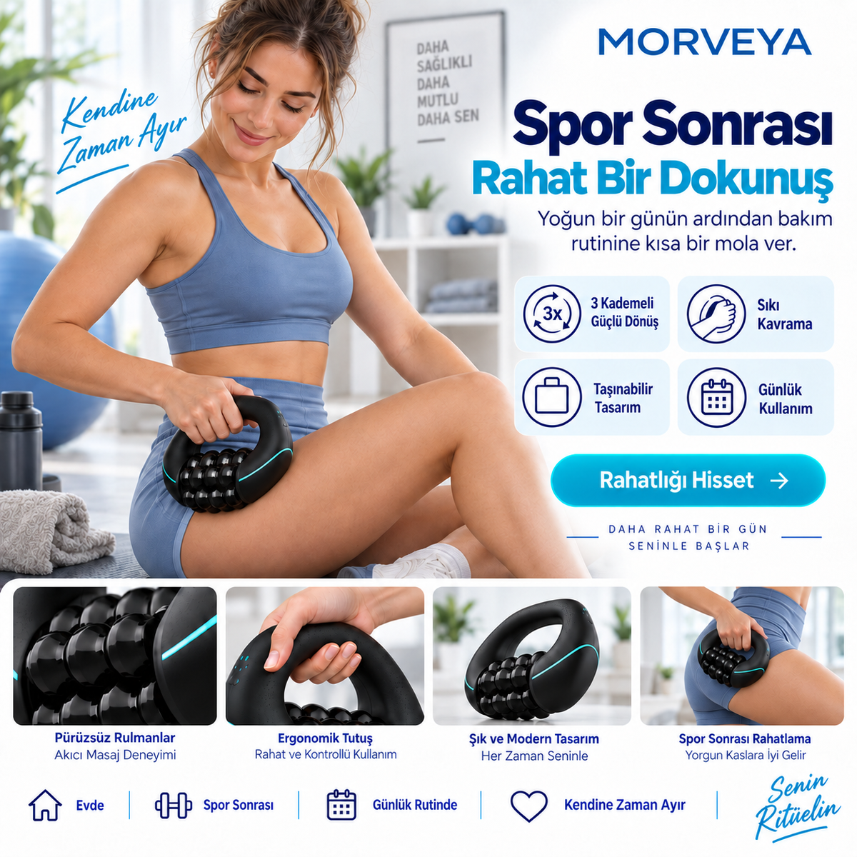 Morveya FlexRoll™ | Şarjlı 3 Kademeli Döner Rulo Masaj Aleti
