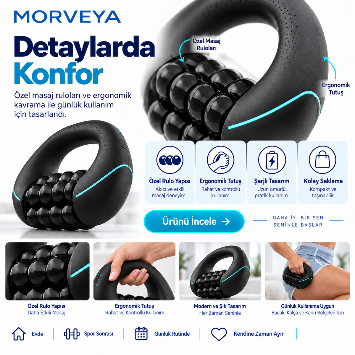 Morveya FlexRoll™ | Şarjlı 3 Kademeli Döner Rulo Masaj Aleti