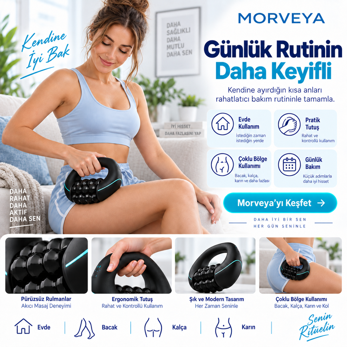 Morveya FlexRoll™ | Şarjlı 3 Kademeli Döner Rulo Masaj Aleti