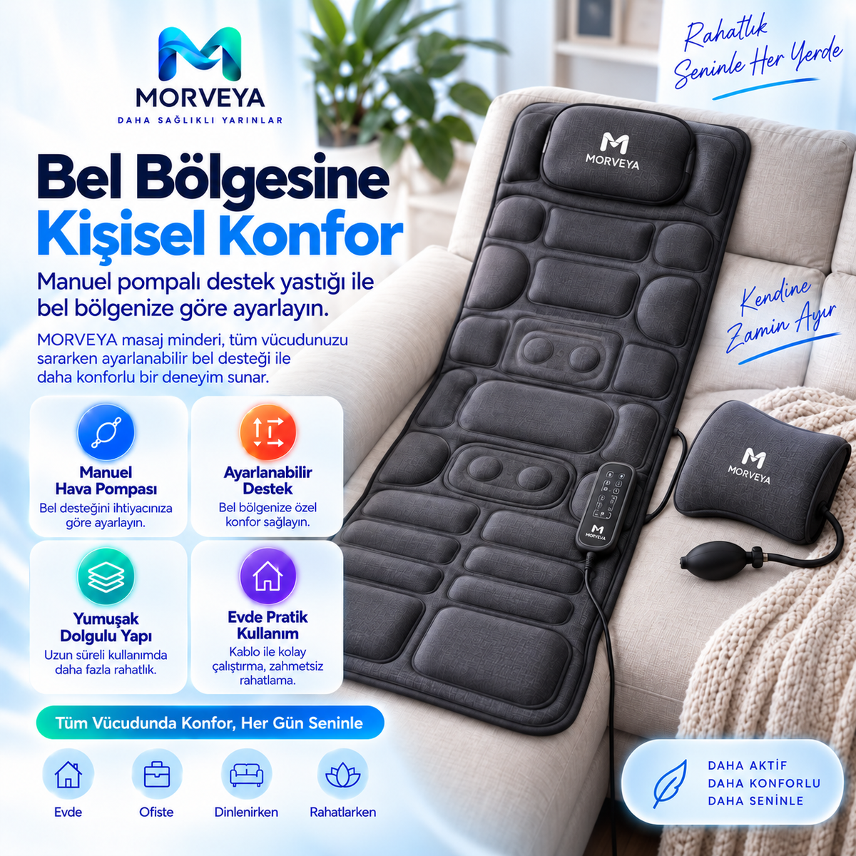 Morveya BodyTherm™ | Isıtmalı Tam Vücut Masaj Minderi