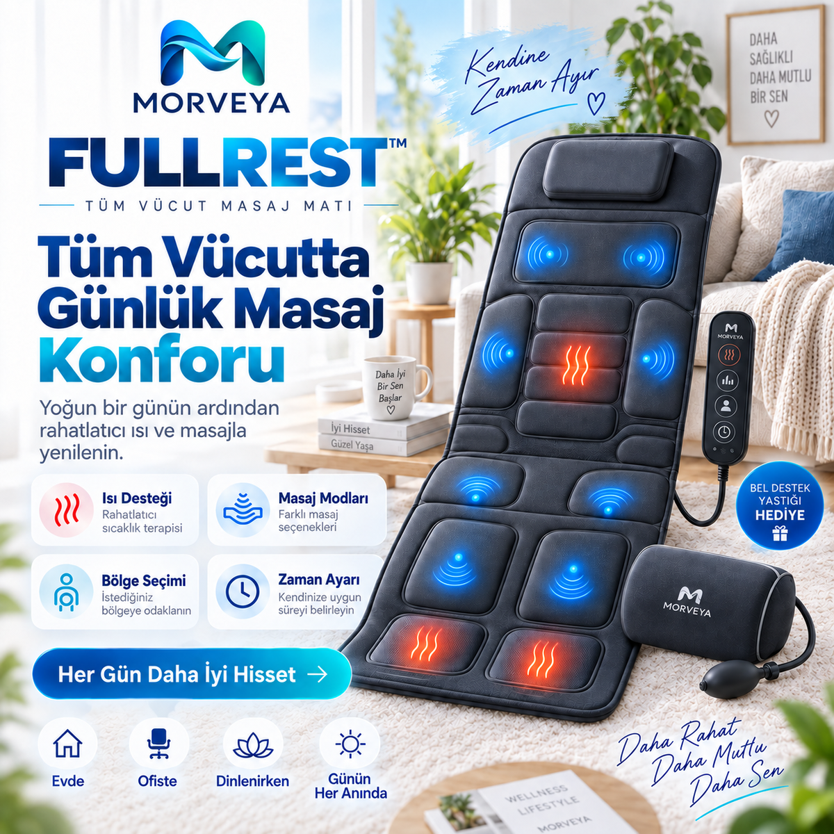 Morveya BodyTherm™ | Isıtmalı Tam Vücut Masaj Minderi