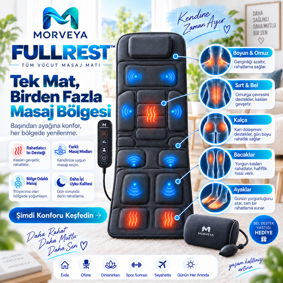 Morveya BodyTherm™ | Isıtmalı Tam Vücut Masaj Minderi