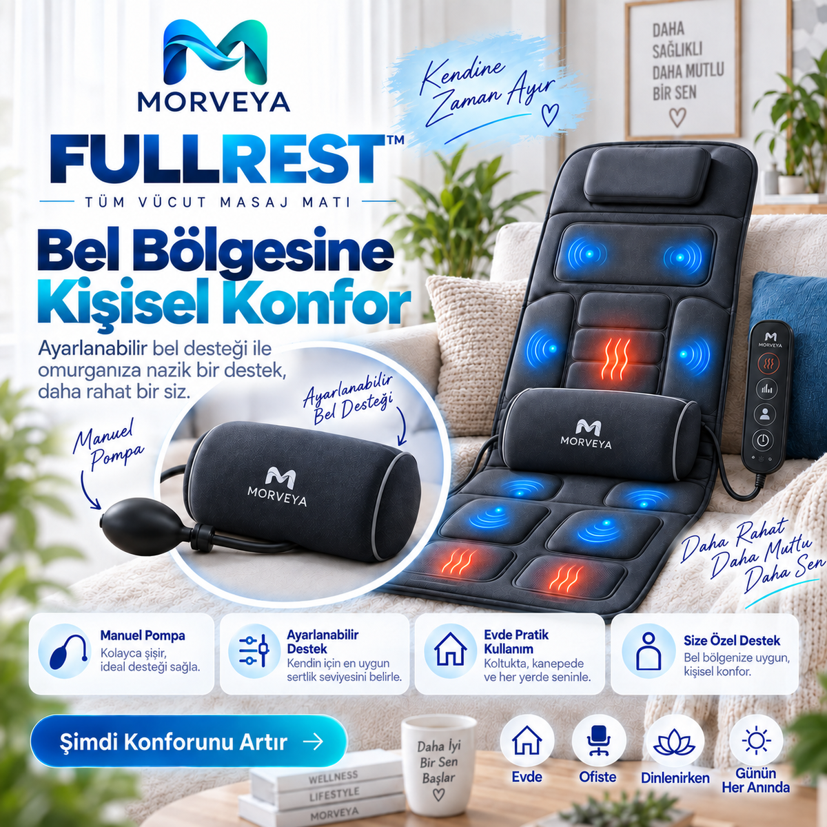 Morveya BodyTherm™ | Isıtmalı Tam Vücut Masaj Minderi